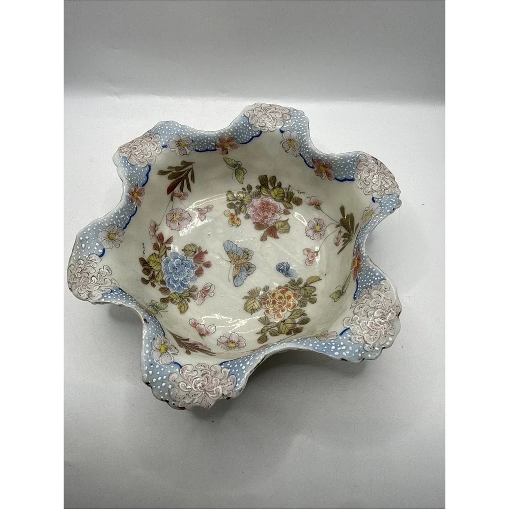 Vintage D&M NY Asian Style Porcelain Satsuma Cabbage Bowl Stamped Scalloped